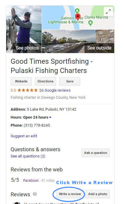 Good Times Sportfishing Google listing